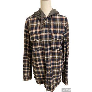 Quiksilver Medium Men's Jacket Plaid with Grey Hood Long Sleeve Button Up